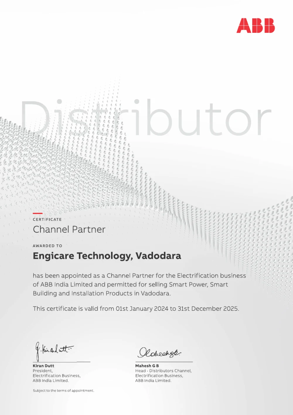 ABB Channel Partner certificate issued to Engicare Technology for 2024-2025