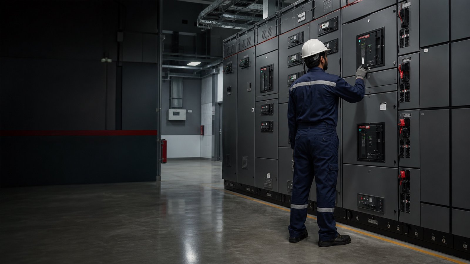 Engineer inspecting a modern low-voltage switchgear installation